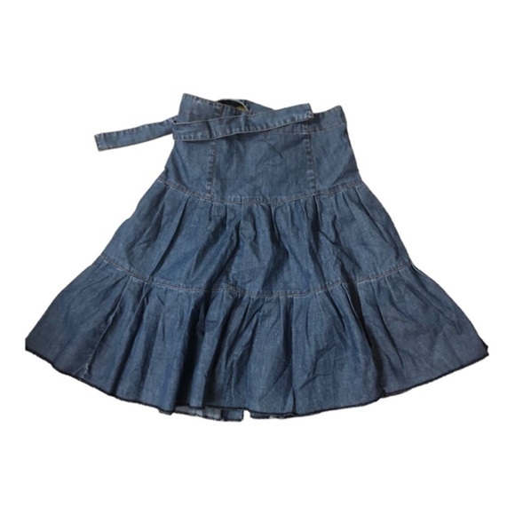 Zara denim tiered flare buttoned down belted western prairie style skirt size 2 - Picture 13 of 16